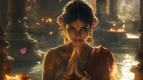 Graceful woman in temple light offering a quiet namaste.