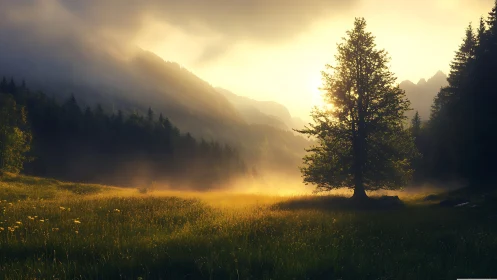 Golden sunrise gently warms a quiet misty mountain meadow