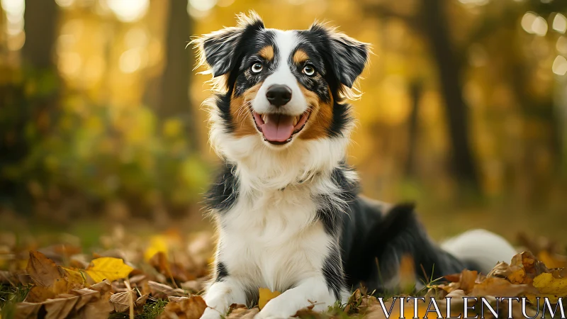 Australian Shepherd in shallow-depth autumn woodland portrait