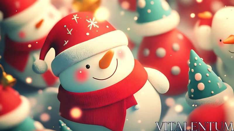 Snowman figures in red and teal winter holiday scene.