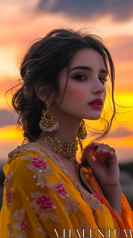 Portrait of woman in embroidered sari at golden hour sunset