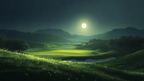 Moonlit golf course landscape shows layered hills and fairway