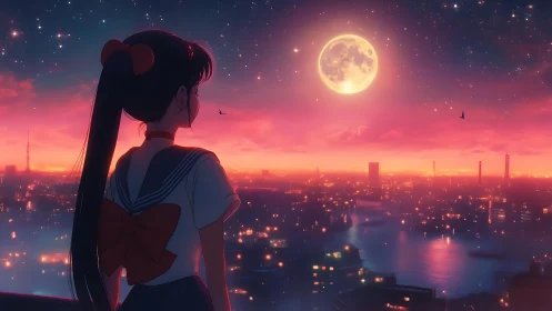 Moonlit anime girl gazes over glowing cyber city skyline.