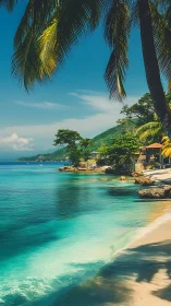 Tropical Coastal Landscape with Palm-Framed Azure Waters and Verdant Hillside Terrain