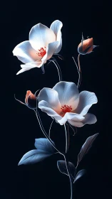 Ethereal Blooms Dance in Shadow. Luminous petals unfold against darkness.