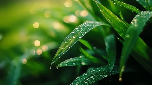 Morning dewdrops on vivid green grass in soft bokeh light.