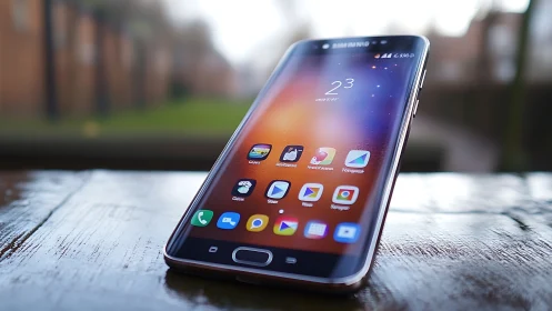 Samsung Galaxy smartphone displays vibrant gradient interface on weathered outdoor surface.