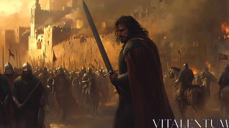 War scarred knight stalks through a burning siege of stone.