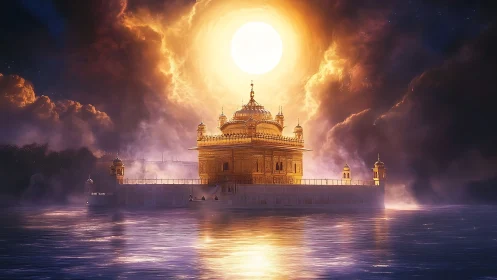 Radiant golden temple under exaggerated celestial backlighting