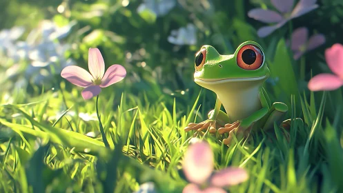 Green tree frog in sunlit grass with pink wildflowers.