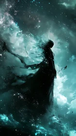 Dark humanoid silhouette stands amid turbulent teal clouds