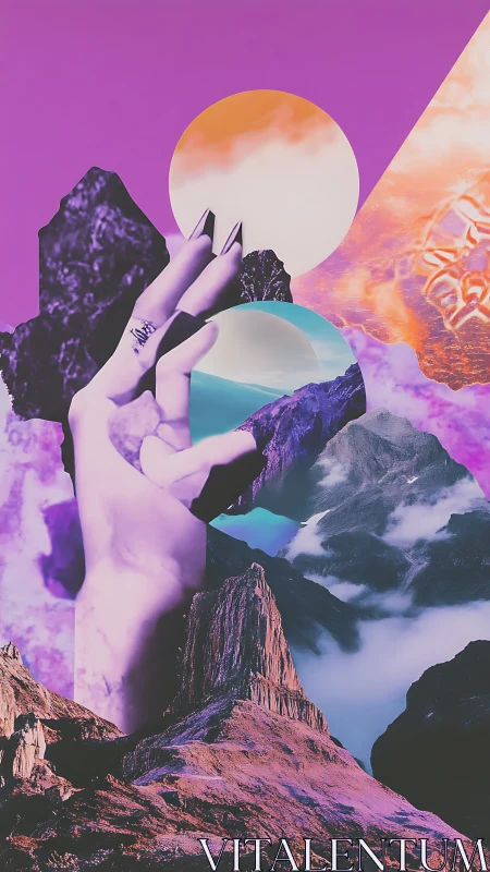 Surreal digital collage of hand, twin suns, and neon mountains.