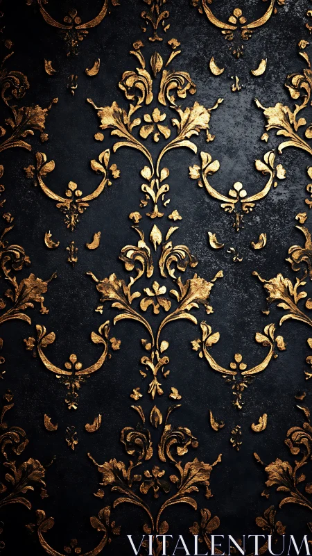 Gold baroque floral pattern on dark textured background.
