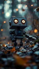Cinematic 3D robot character in shallow-depth forest scene.
