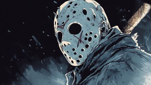 Masked figure in hockey mask holding bat in dark setting.