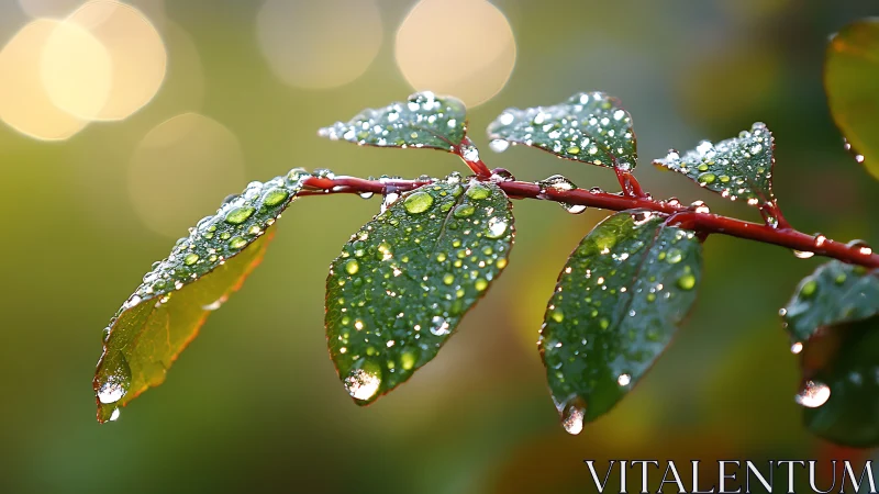 Water droplets cover green leaves along a thin red stem.