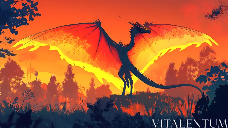 Silhouetted dragon form before luminous orange horizon.