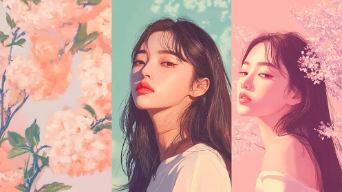 Digital triptych portrait contrasts spring blossoms and light