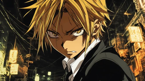 Gritty blonde hero stands defiant in a glowing city alley.