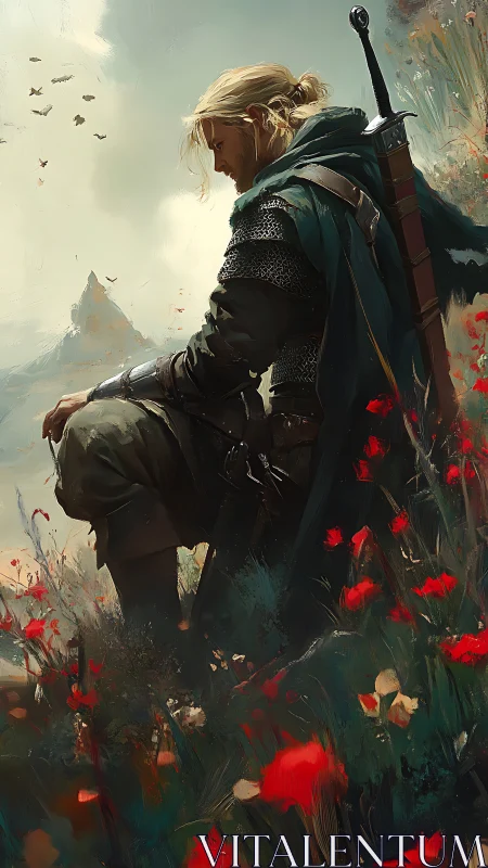 Medieval warrior rests in field of red wildflowers
