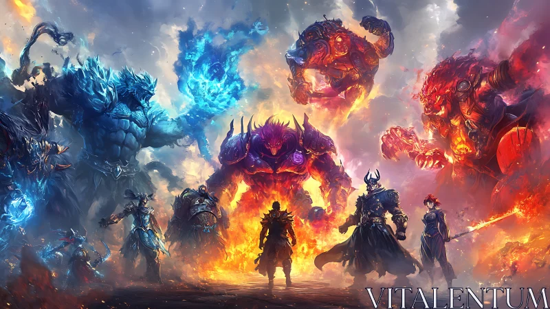 Epic elemental warlords in symmetrical fantasy battle tableau.