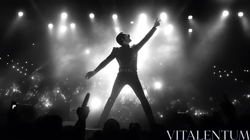 Silhouetted rock vocalist under concert spotlights in monochrome.