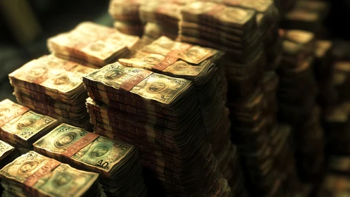 Towering stacks of worn banknotes suggest hidden fortunes