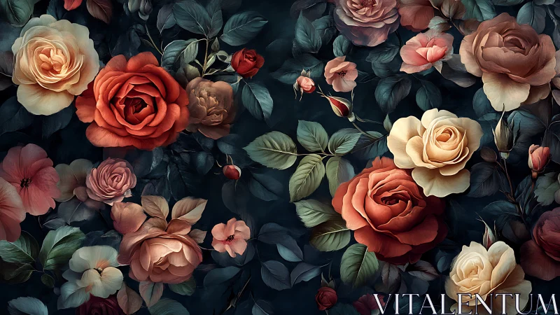 Dense Floral Arrangement with Roses in Warm and Cool Tones