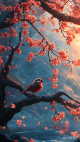 Crimson songbird resting beneath luminous cherry blooms.