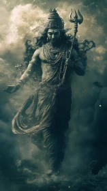 Divine warrior strides through swirling cosmic storm clouds.