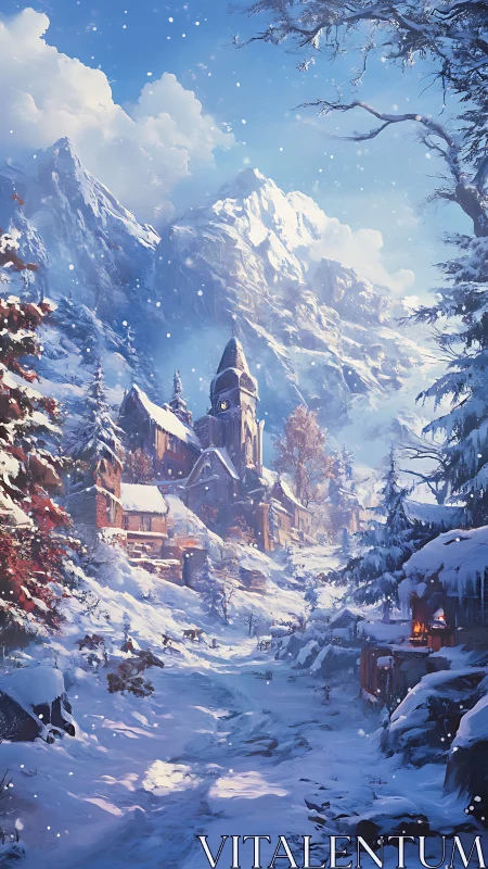 Snow-covered mountain village with central clock tower in winter.