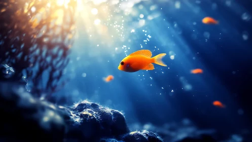 Backlit orange reef fish illuminated by volumetric underwater caustics