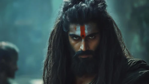 Long haired man with tilak mark in dim outdoor setting.