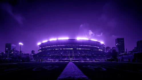 Neon-lit stadium skyline in symmetrical nightscape treatment.