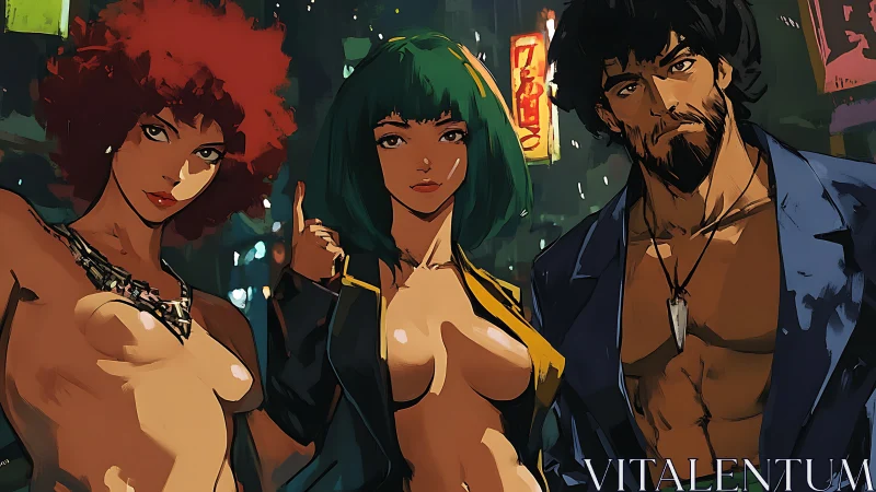 Stylized neon city trio in anime-inspired night street scene