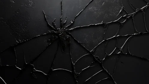 Dark resin spider web spreading across textured black wall.
