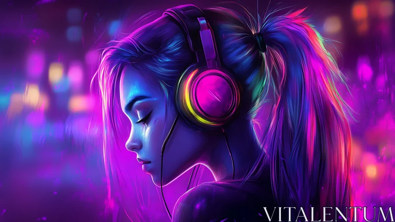 Neon-lit girl with headphones in vibrant cyberpunk profile.