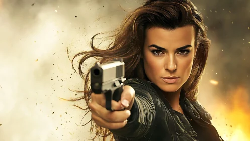 Woman holds handgun toward camera in smoky backlit setting