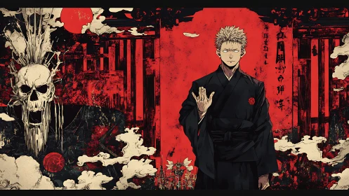 Stoic sorcerer confronts howling skull spirit in crimson void