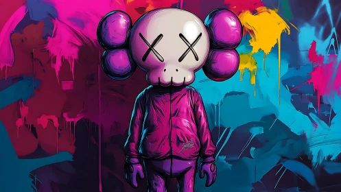 Skull-headed street dreamer soaks in neon splattered midnight