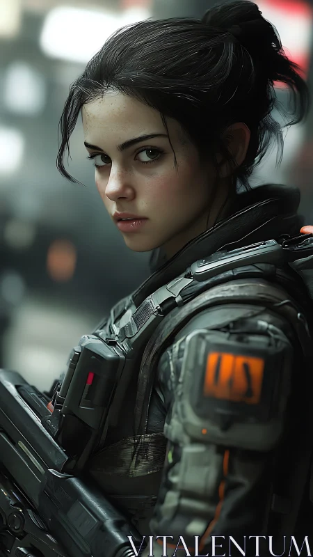 Calm sci fi soldier gazes back with quiet determined focus