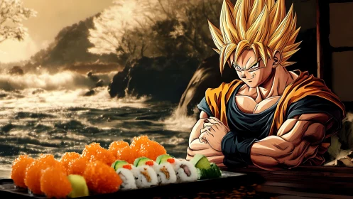 Spiky‑haired anime warrior studies vivid sushi platter composition.