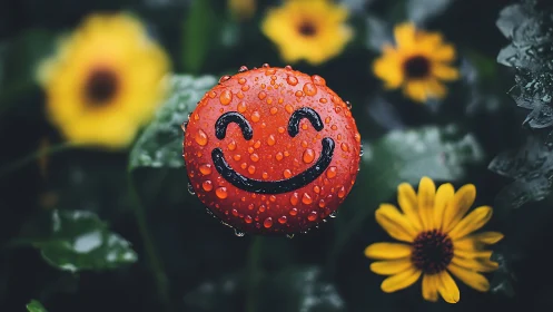 Red smiling face ball with raindrops stands among yellow flowers