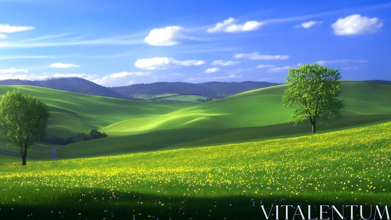 Emerald hills roll under springlight with two quiet trees.