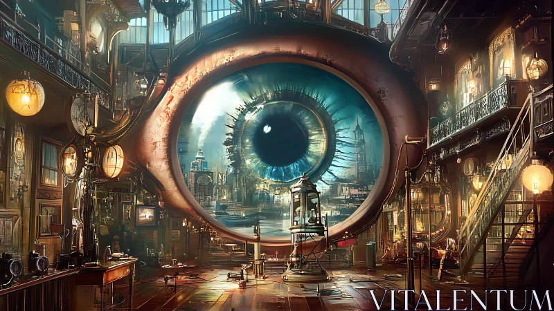 Curious steampunk observatory with a city inside an eye.