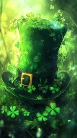 Emerald leprechaun hat with clover overgrowth glows in bokeh forest