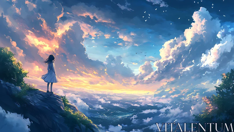 Solitary figure observing a vast, luminous cloudscape horizon