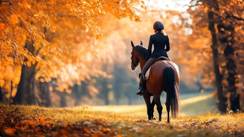 Equestrian silhouette traversing luminous autumn corridor.