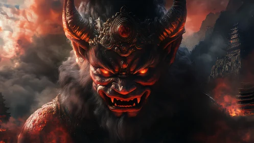 Horned demonic entity amid volcanic clouds and pagodas.