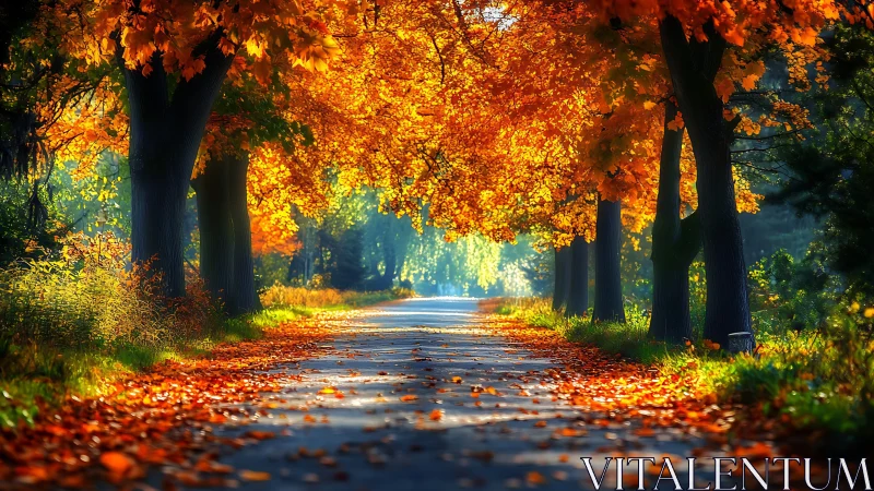 Golden autumn tree tunnel over a quiet sunlit pathway.